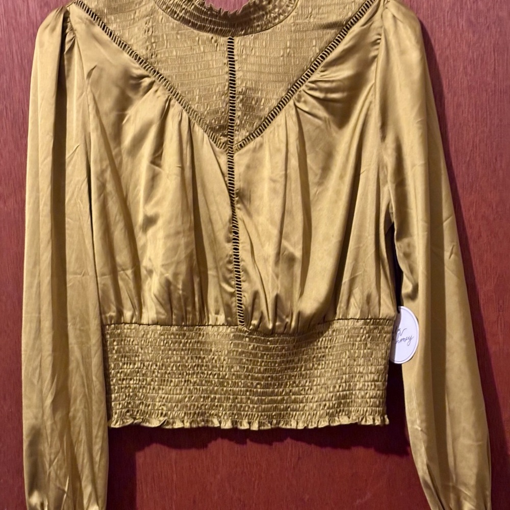 Gold Smocked Long Sleeve Blouse